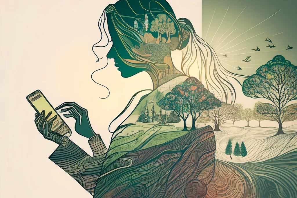 A person lying on a grassy field, gazing up at the sky, with a soft breeze rustling the leaves around them. This image symbolizes the tranquility and mental clarity that comes from disconnecting from digital devices, allowing one to reconnect with nature and their inner self