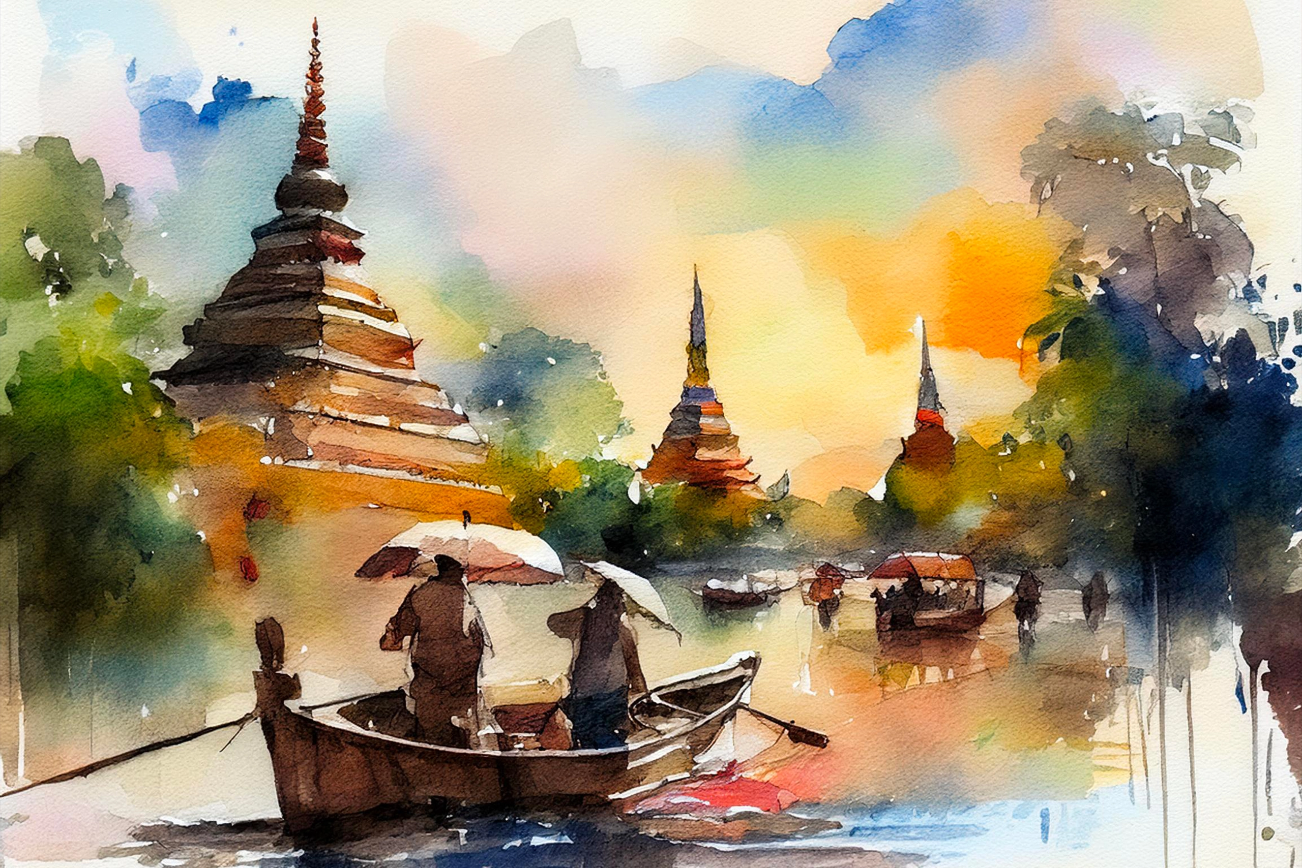 Tantra Two people in a boat with umbrellas, peaceful temples in the background