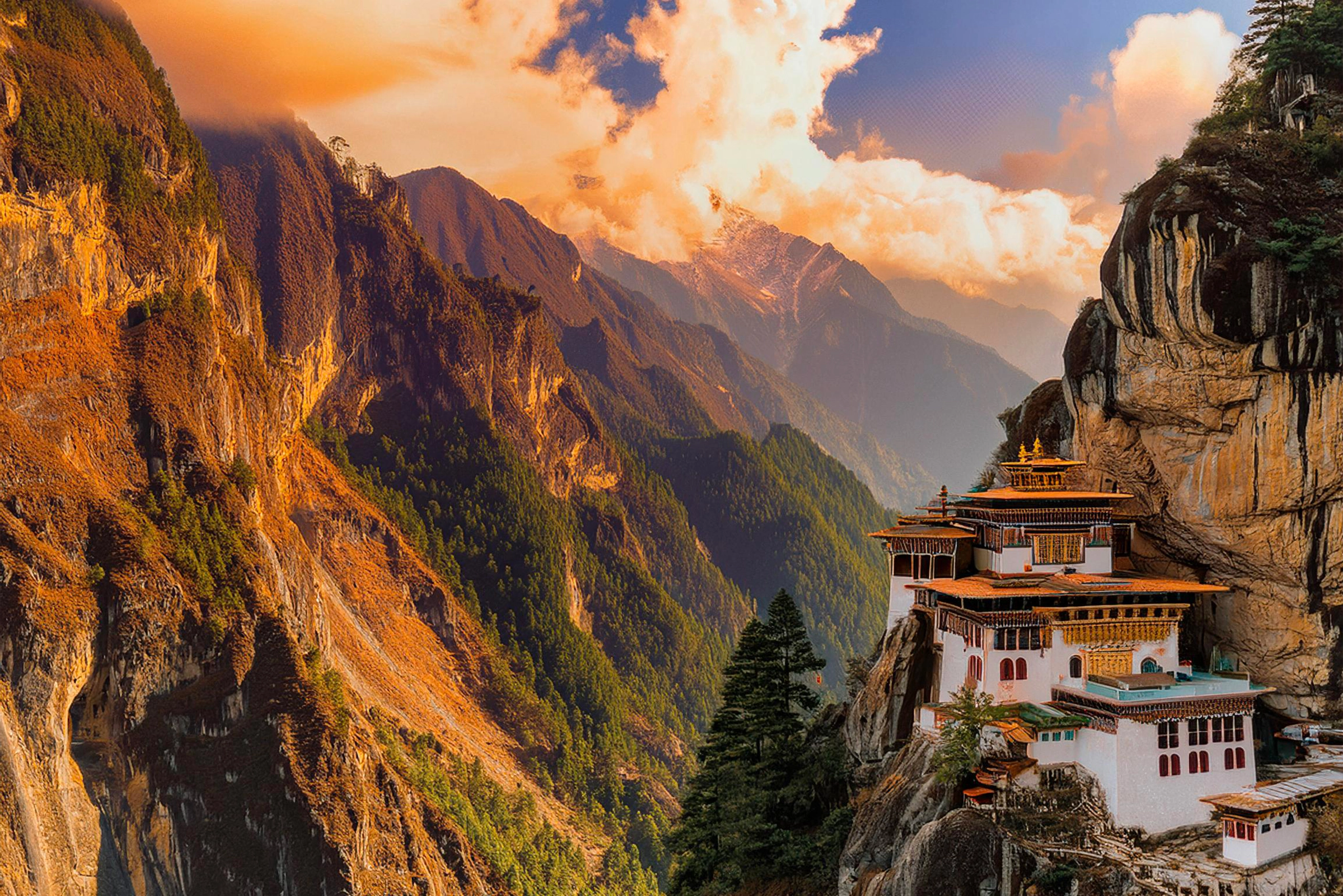 Tantra View of Bhutanese monks in traditional red robes meditating at a monastery with misty mountains in the background. The scene reflects the deep connection between spirituality and happiness in Bhutan’s unique culture