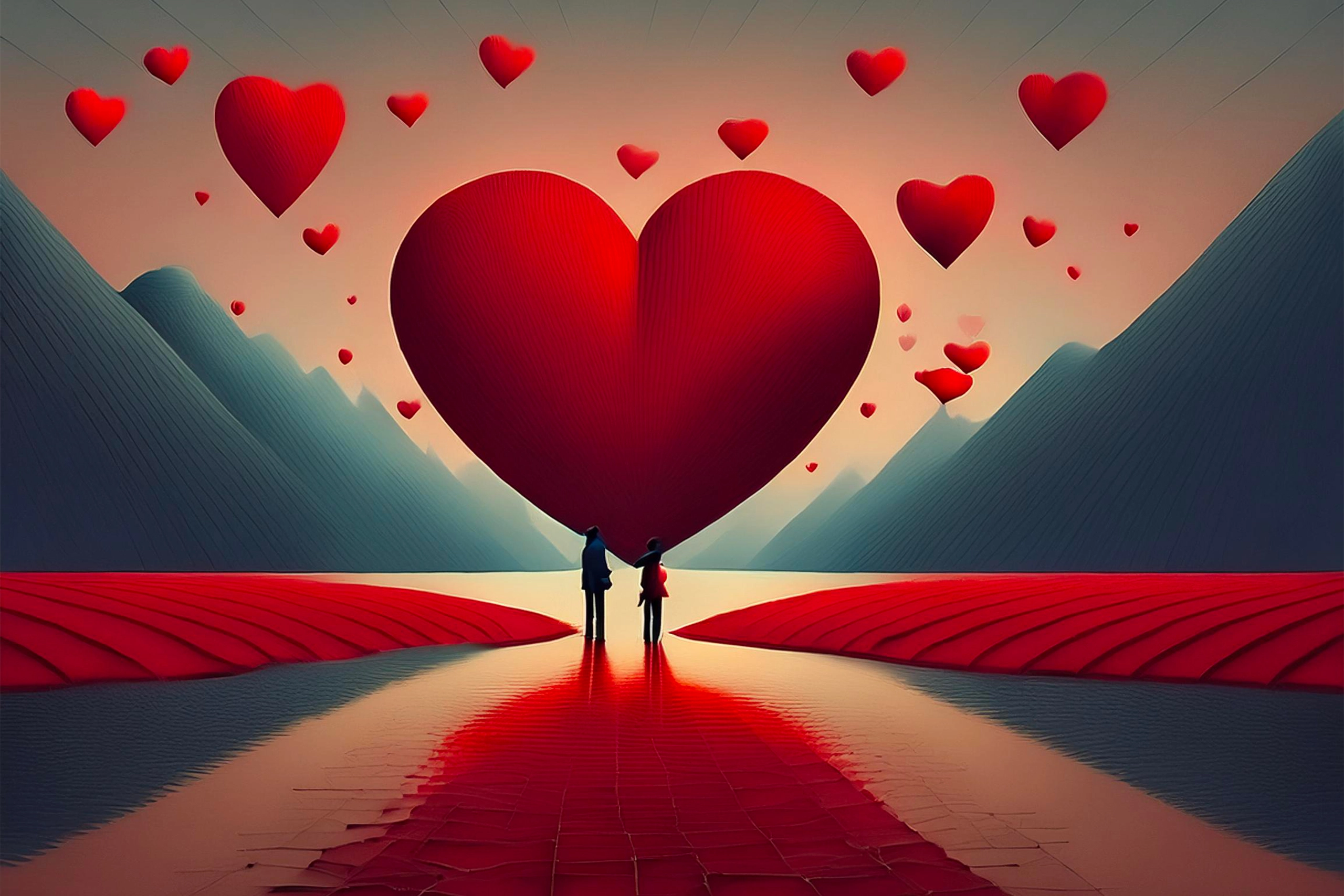 A couple gazes at a glowing heart, symbolizing their shared love and connection