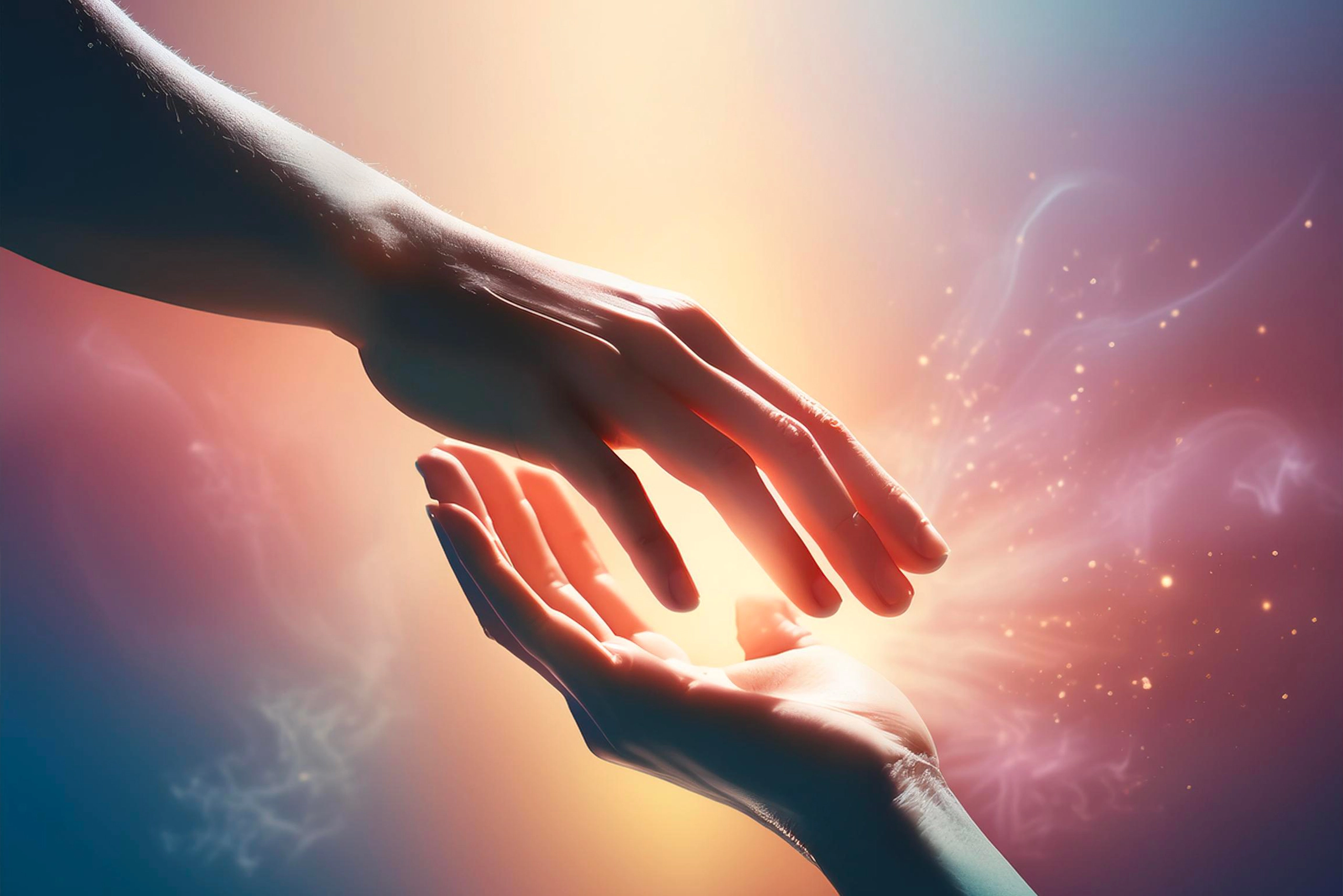A close-up of two hands gently touching, symbolizing the power of connection and healing through Tantric touch. The image conveys a sense of intimacy, energy transfer, and spiritual bonding, emphasizing the sacred nature of mindful physical contact in the process of inner healing and balance