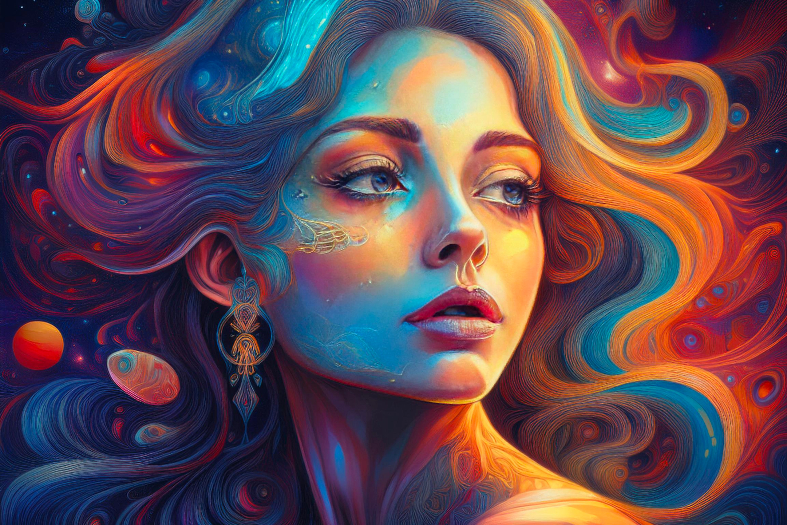 Portrait of a woman immersed in the cosmos, symbolizing the feminine connection to the universe and the exploration of inner truth