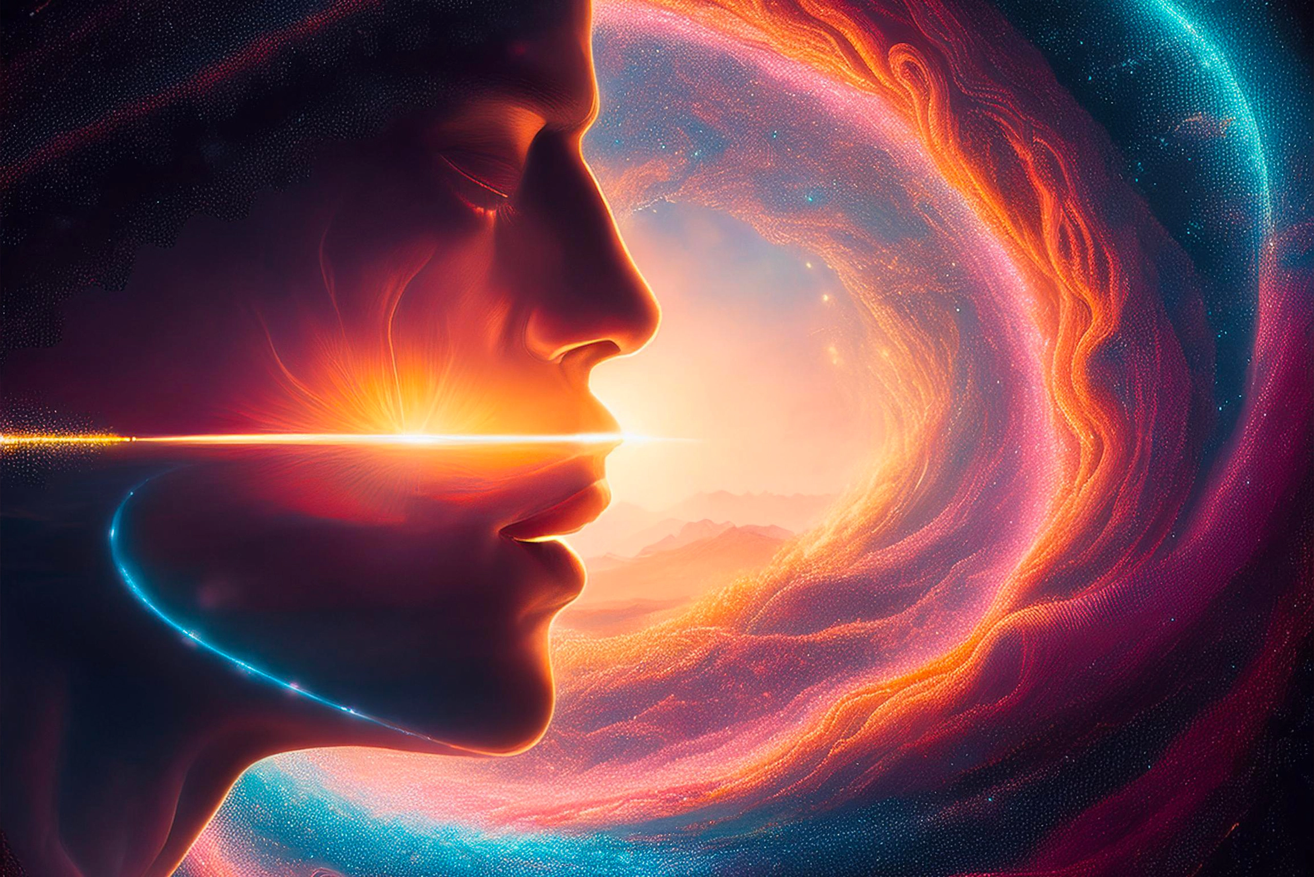 Tantra Face blending into the cosmos, representing the soul’s connection to the universe and the search for inner truth