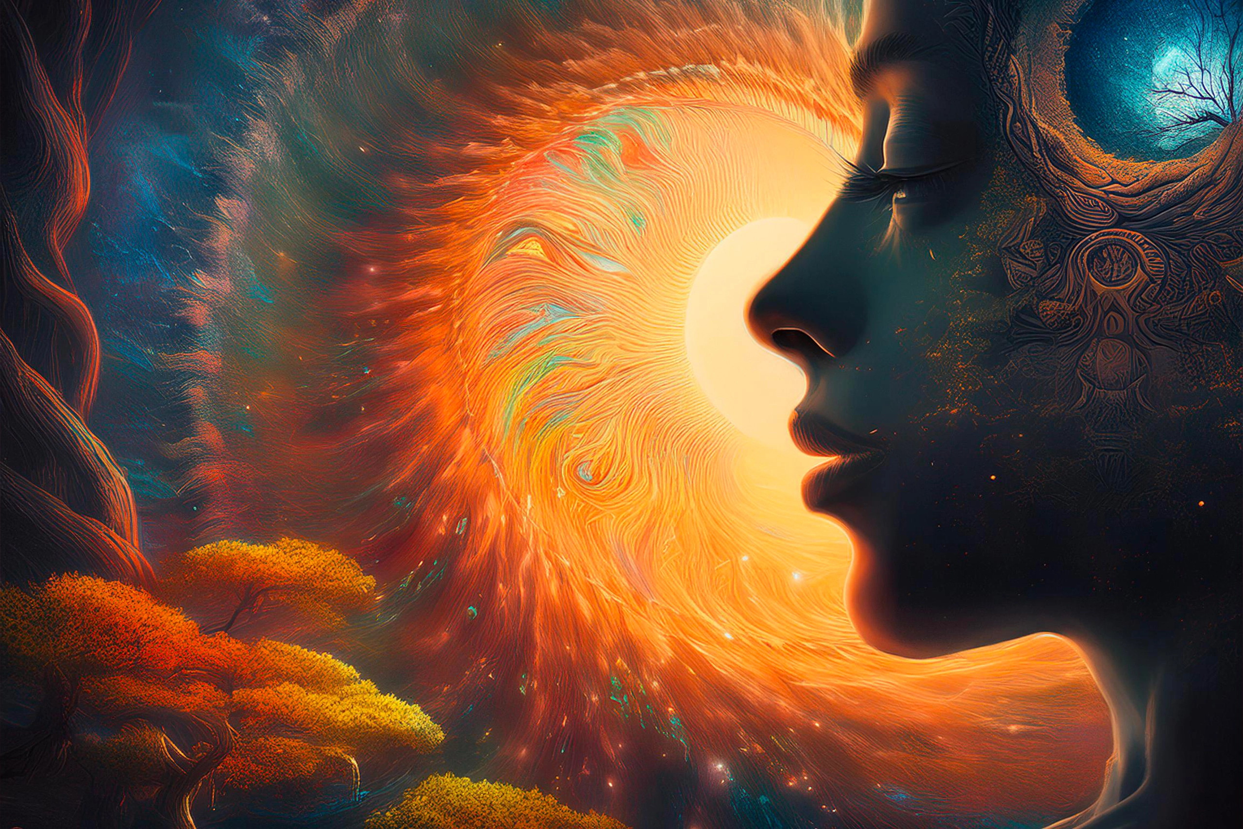 Close-up of a woman’s face merging with stardust, representing the soul’s journey through the universe toward self-discovery