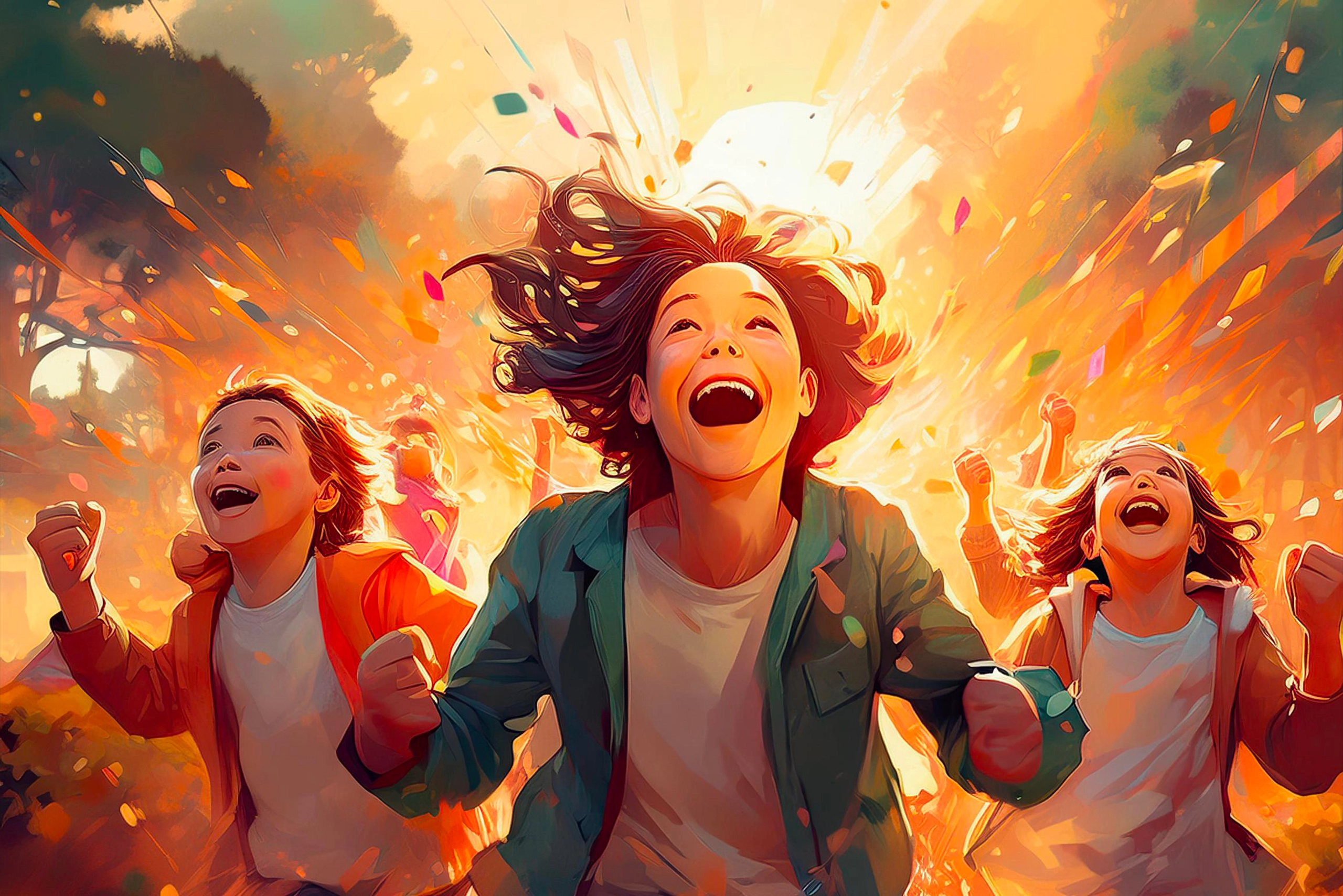 Tantra A group of young people shouting with joy, their faces full of happiness and positive energy, celebrating together outdoors