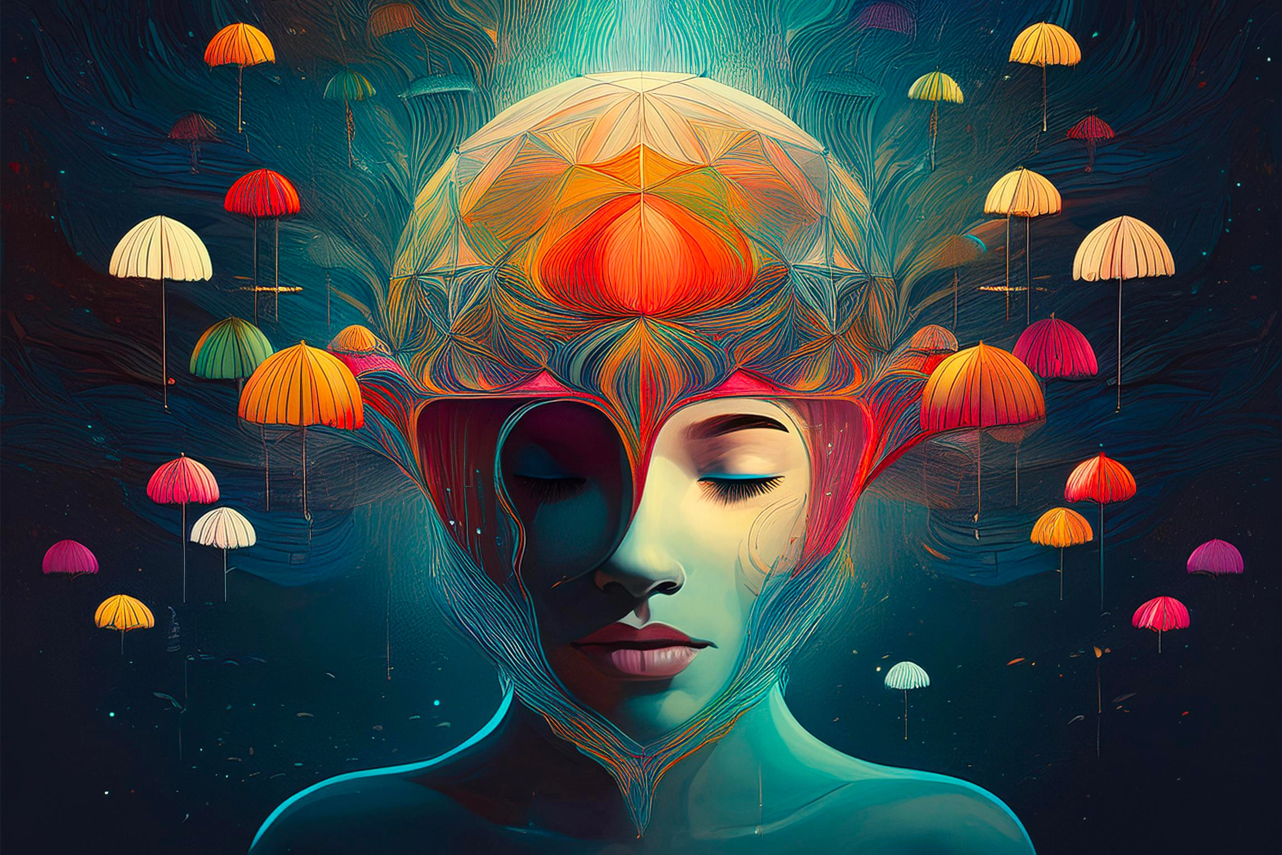 Artistic image of a woman with closed eyes, her head adorned with colorful open umbrellas floating around, symbolizing peace and serenity, blending elements of tranquility and imagination