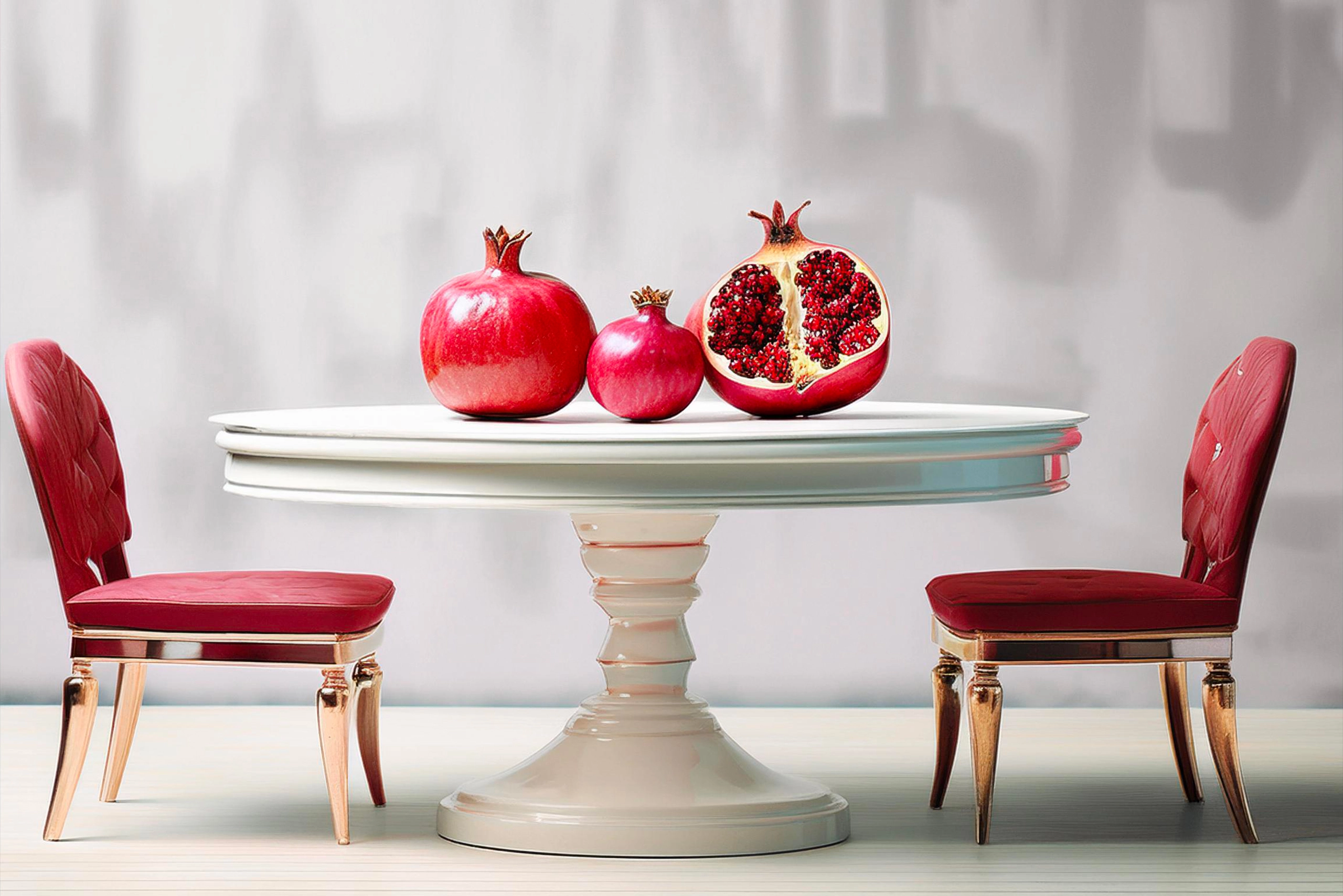 A minimalist table with two chairs and three open pomegranates, symbolizing abundance and energetic sharing