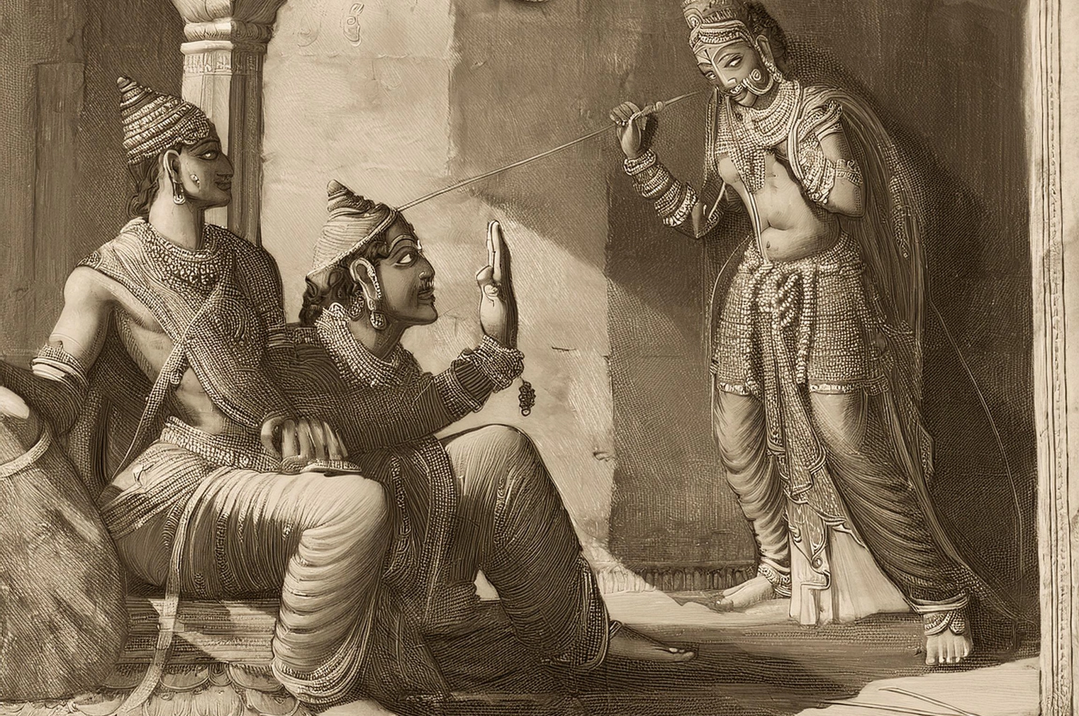 The Precepts of King Vishnu Sharma - A thoughtful depiction of ancient Indian wisdom, reflecting the moral teachings and principles of leadership from the Pañchatantra