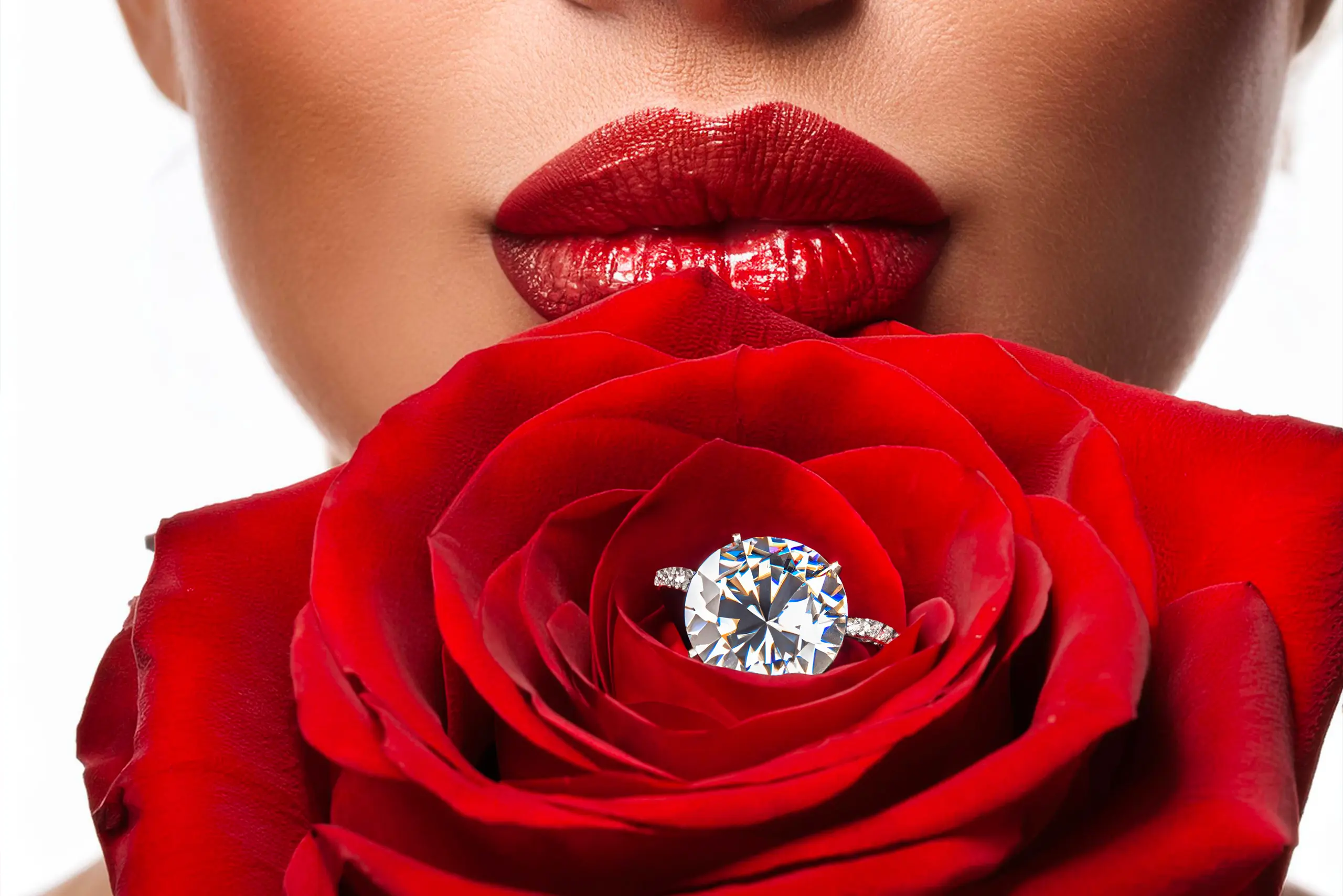 Tantra A woman with red lips holds a deep red rose in her mouth, revealing a glimmering diamond nestled inside the petals.