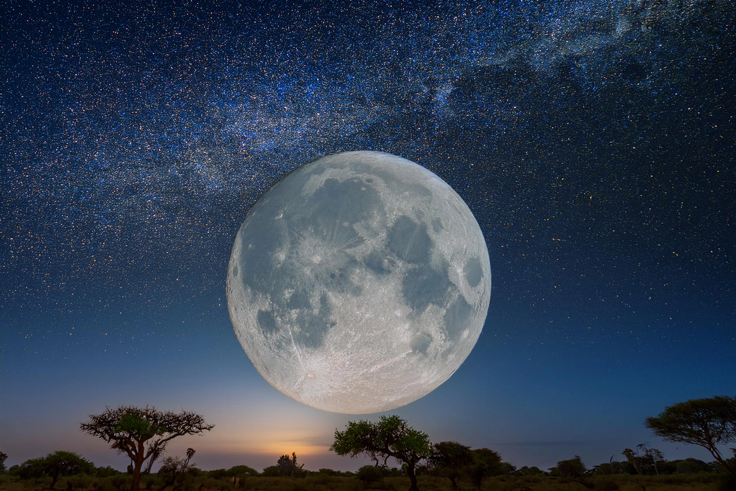 Tantra Full moon illuminating a peaceful landscape, symbolizing the subconscious as a garden of emotions and desires, under the vast night sky