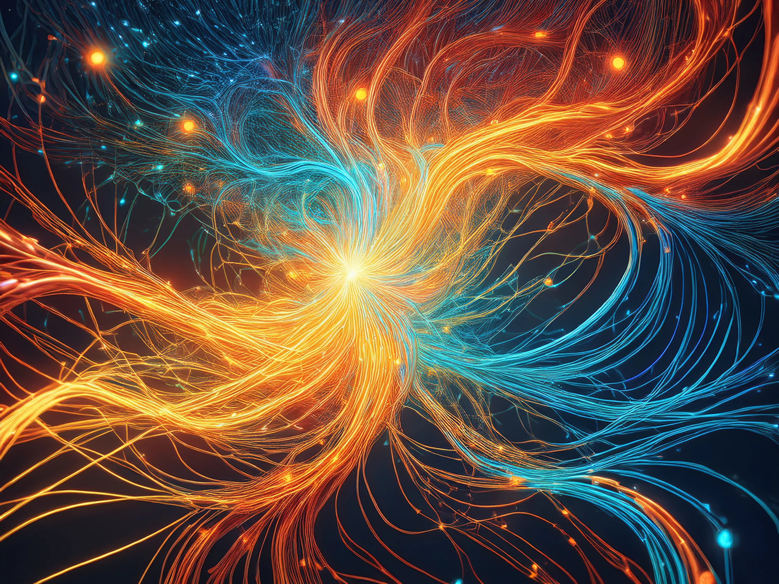 Energetic threads connecting two forces one side bright and flowing, the other tangled and constricted ymbolizing the dynamic between wisdom and ignorance