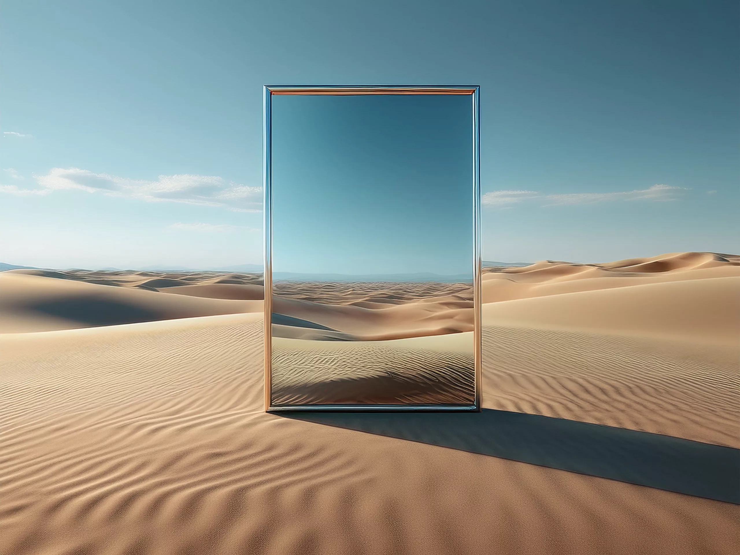 Tantra A mirror in the vast desert reflecting the open sky, symbolizing the mind’s ability to observe thoughts without attachment, embodying the concept of emptiness and inner clarity