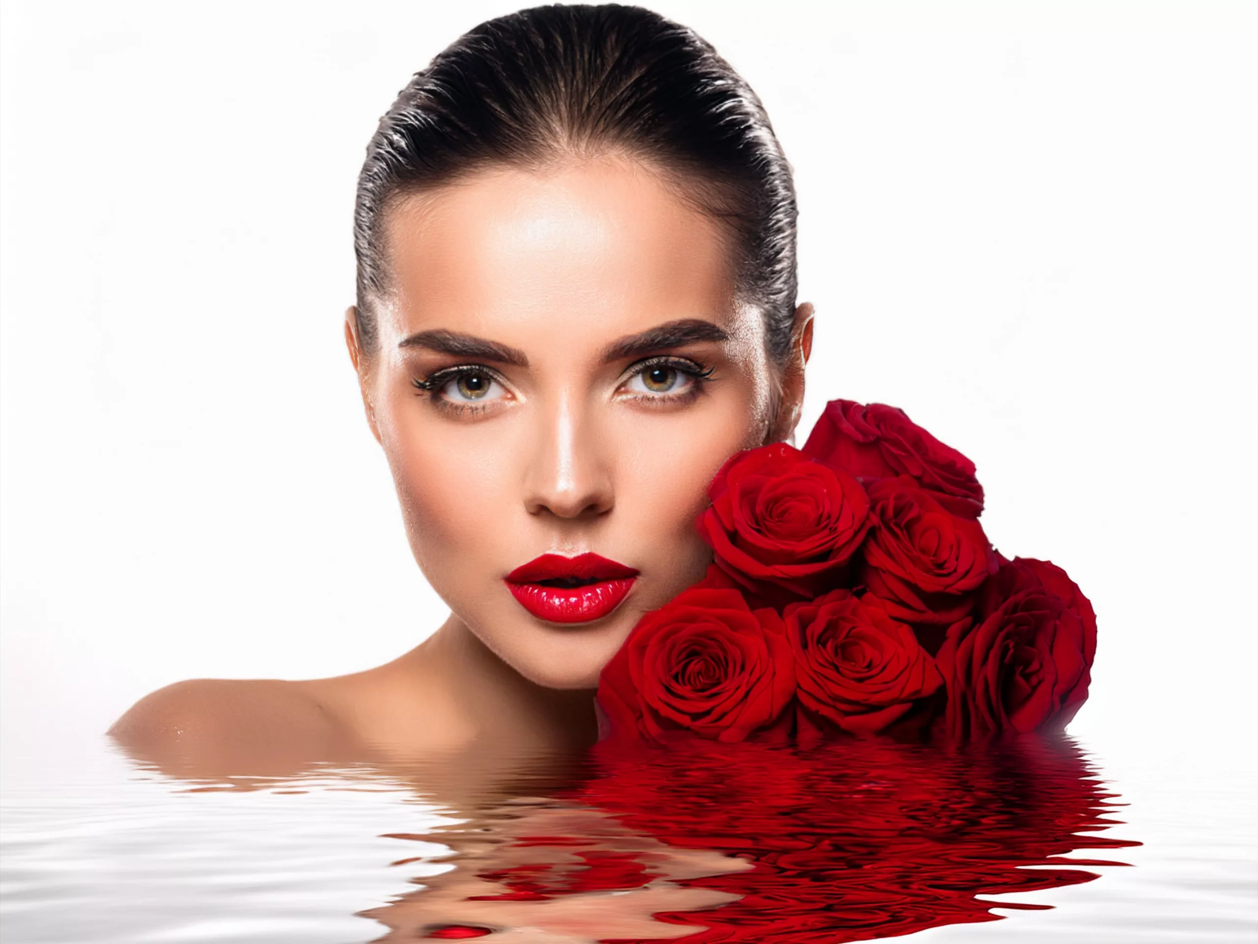 Tantra A woman’s face partially submerged in water, surrounded by red roses, symbolizing purity, sensuality, and transformation