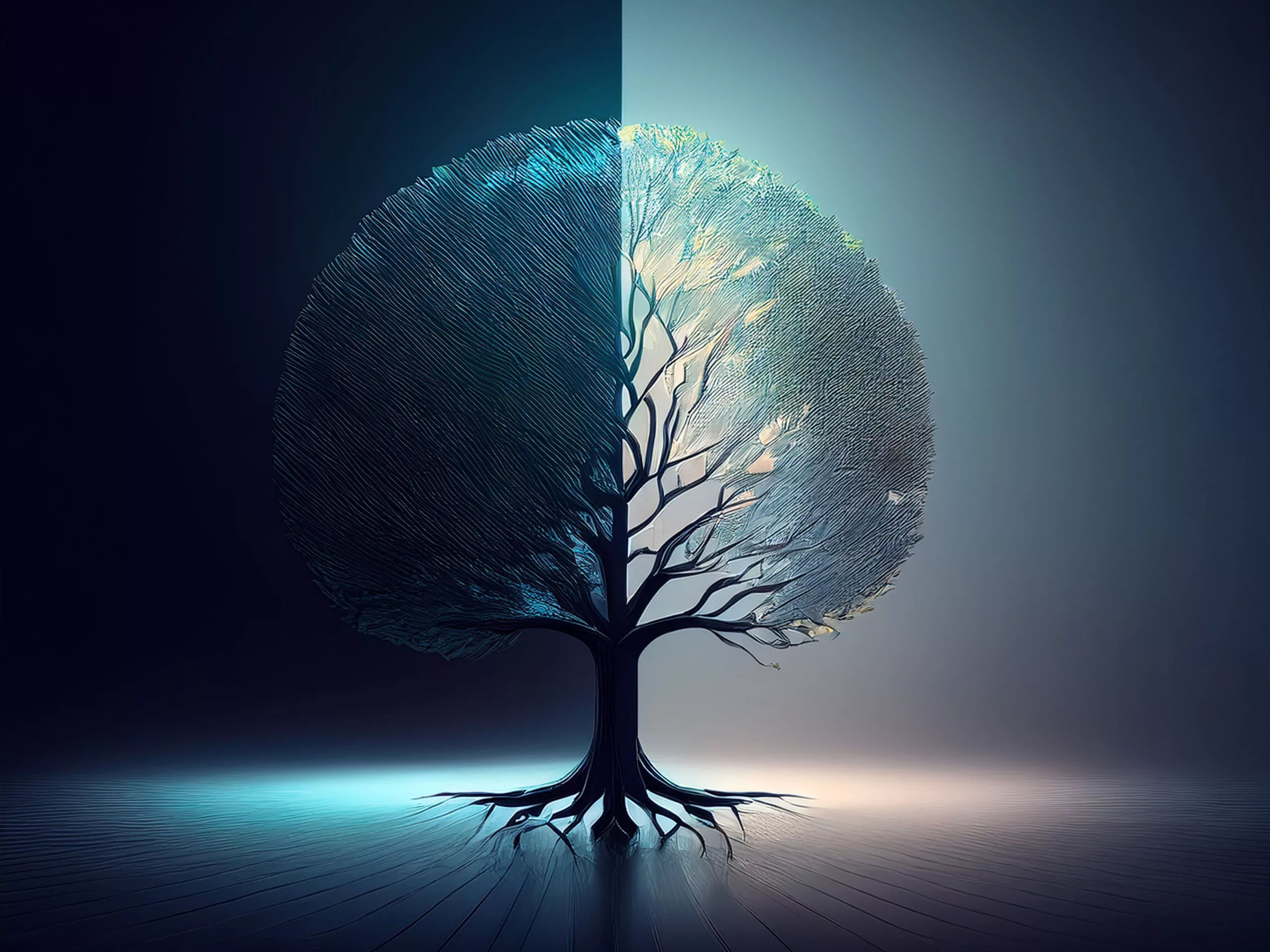 Tantra A tree split in half, one side vibrant and full of life, symbolizing wisdom, the other dark and twisted, symbolizing ignorance