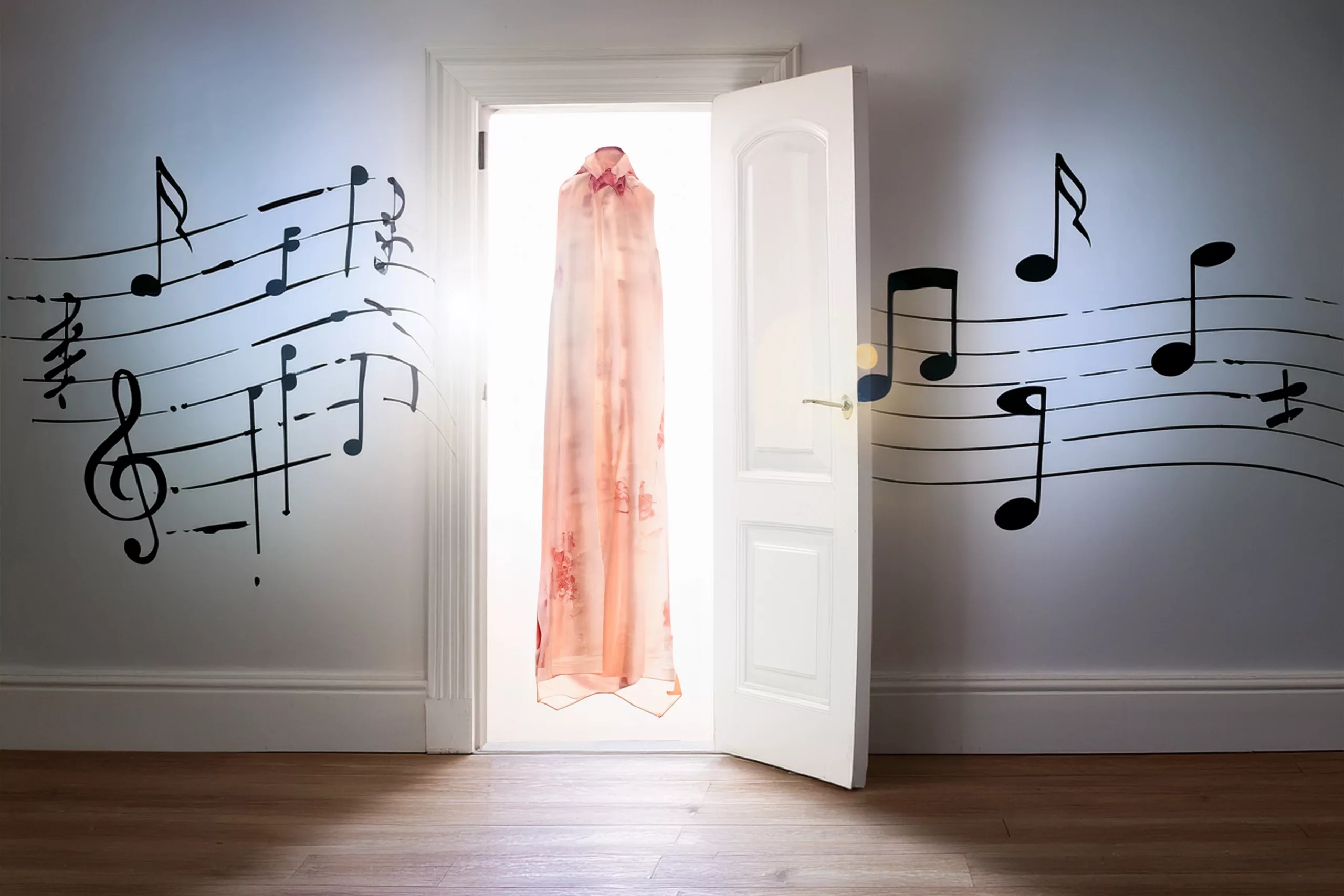 An open door leading into a dim, sacred space. A translucent veil, now transformed into a flowing garment, hangs gently in the air — symbolizing the crossing of the threshold into Samadhi
