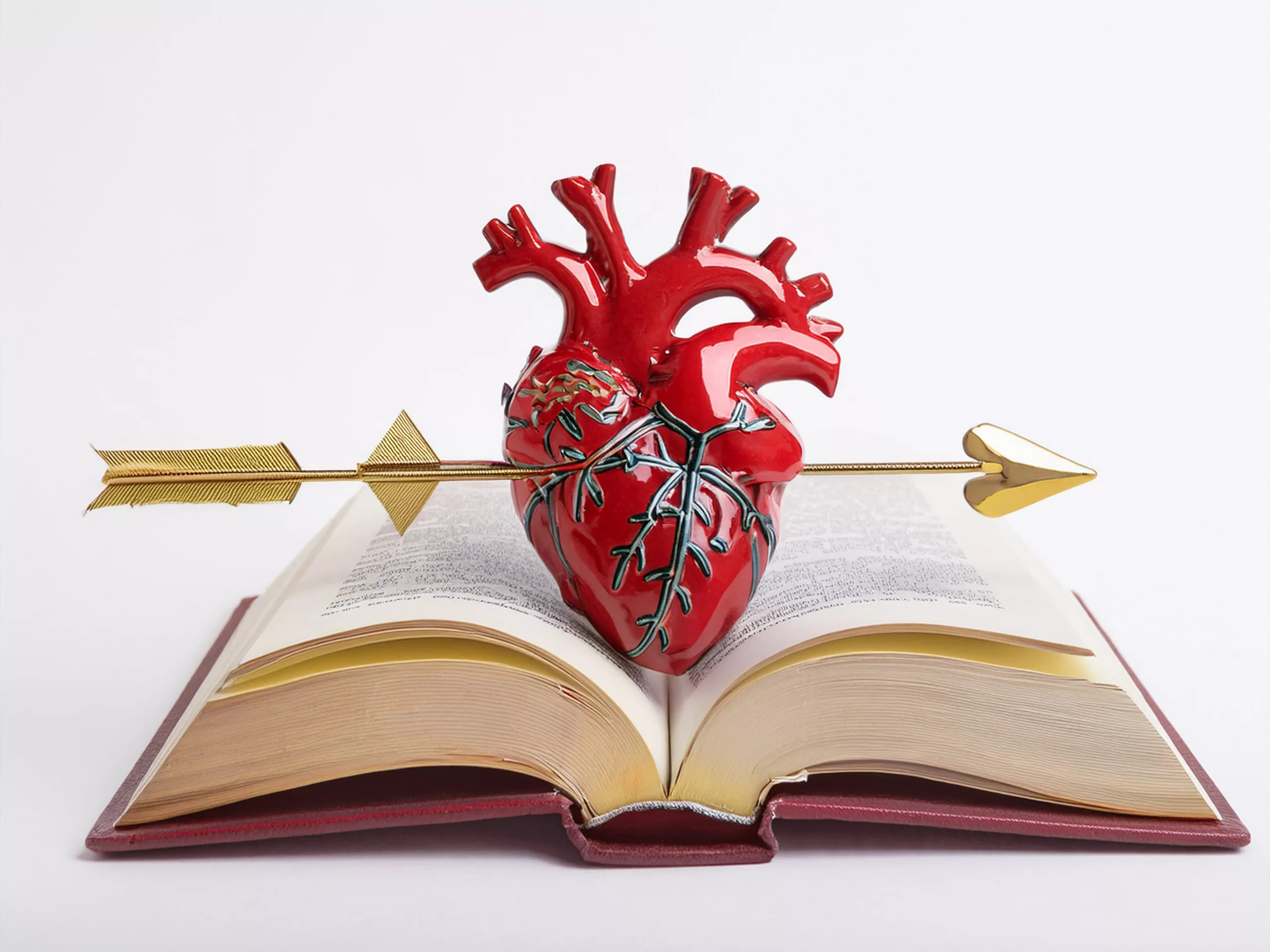 An open book with a pierced heart resting on its pages, symbolizing vulnerability, truth, and the journey of love.
