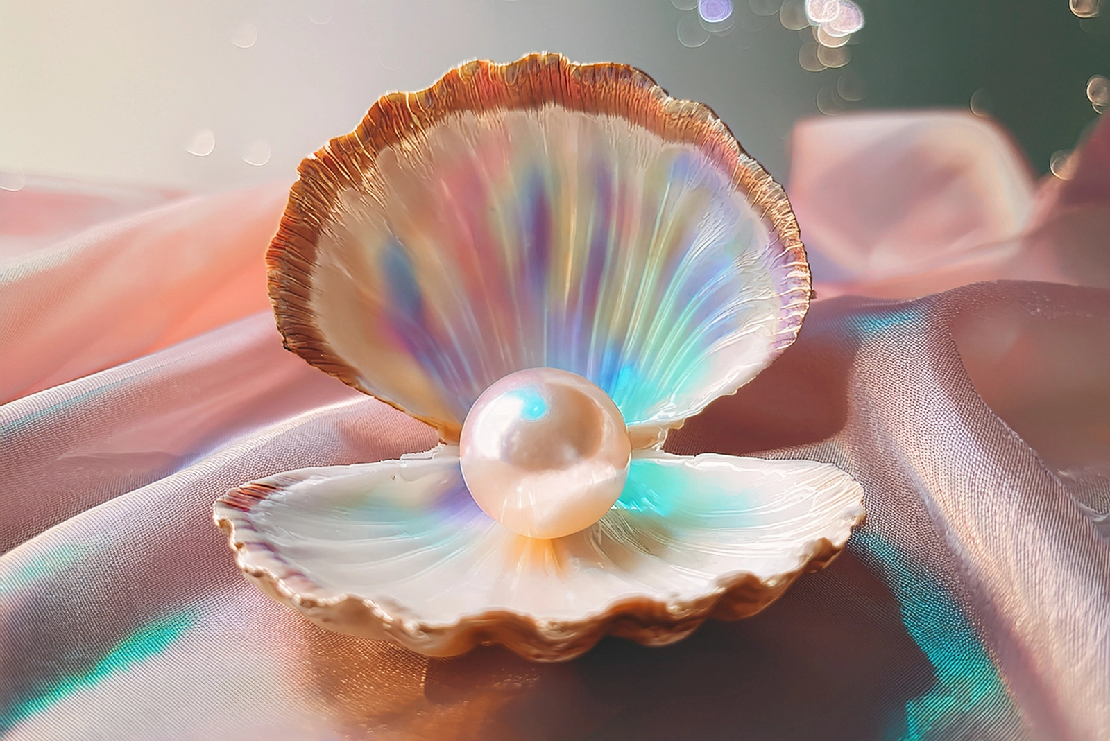 Tantra A pearl resting inside a delicate seashell, symbolizing the sensuality of light and the purity vibrating from the center