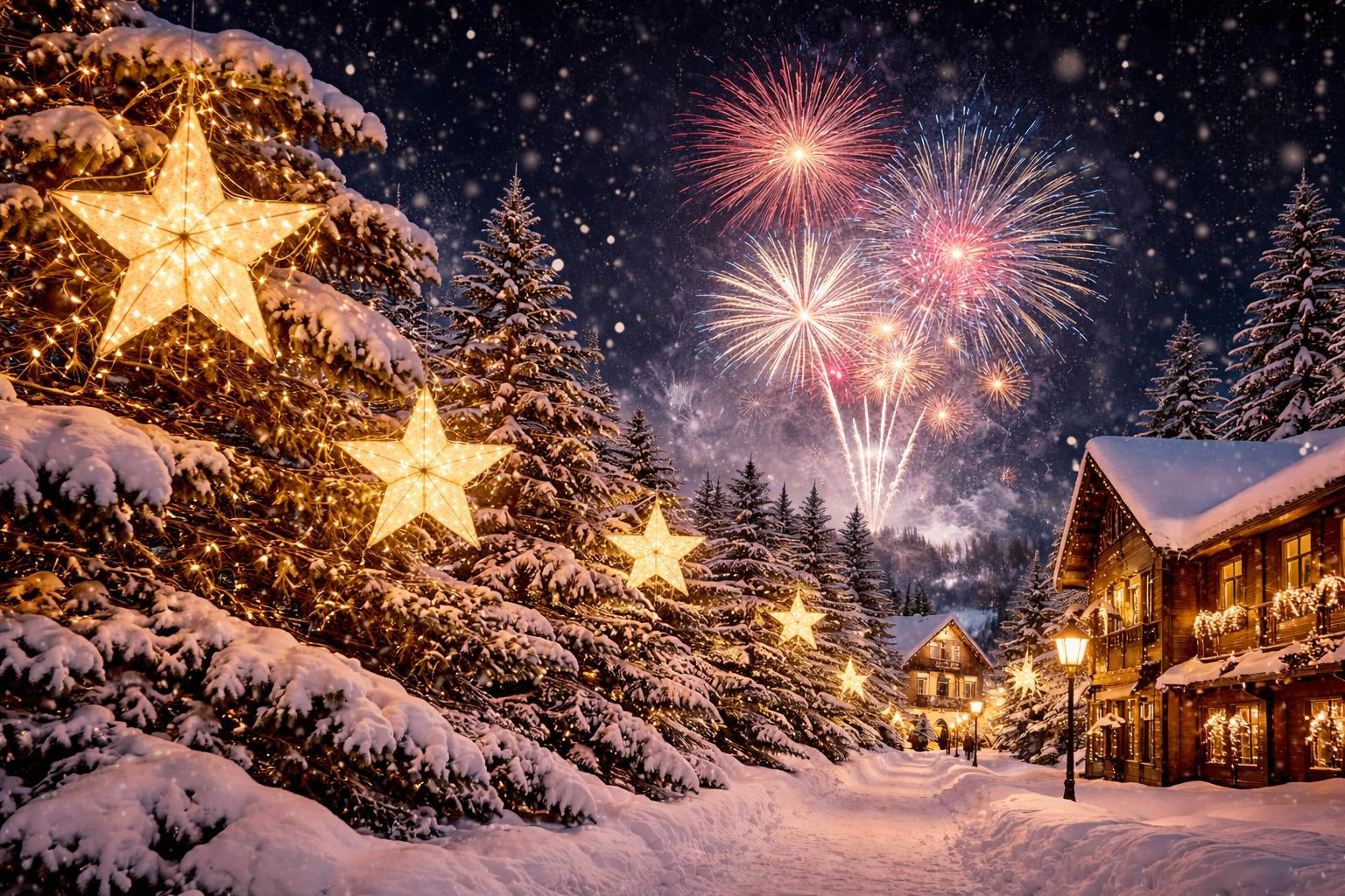 Snow-covered mountain village with Christmas lights, fireworks, and stars, evoking wonder, reflection, and the peaceful energy of the holiday season.