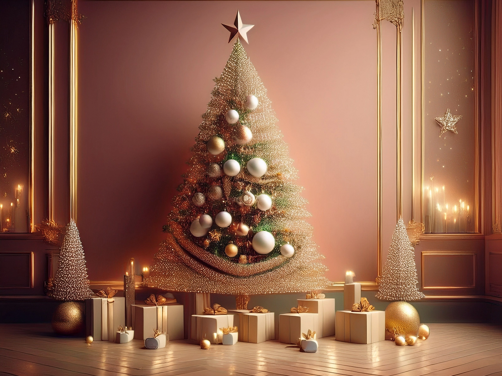 Luxury Christmas tree with golden lights and gifts, symbolizing stillness, presence, and inner awareness