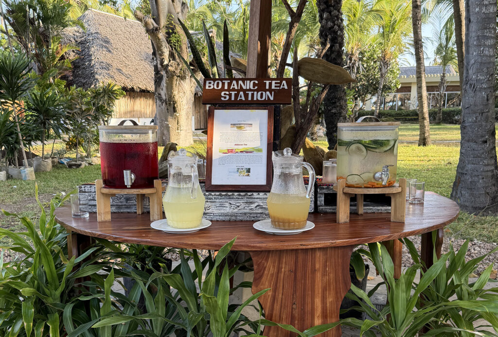 Beachside tea station offering herbal teas and wellness drinks for relaxation and self-care