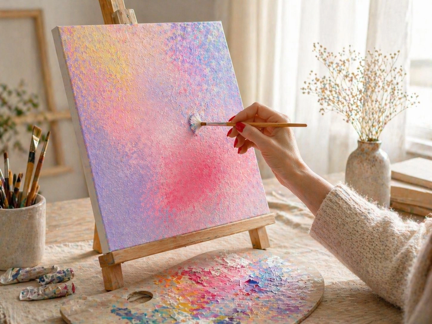 The creative gesture in action, as color flows onto the canvas in an authentic and expressive movement.